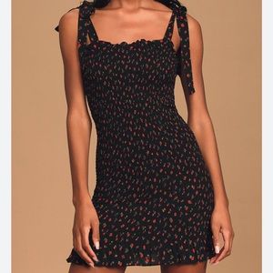 Free People Bella Black Floral Print Smocked Tie-Strap Bodycon Mini Dress M